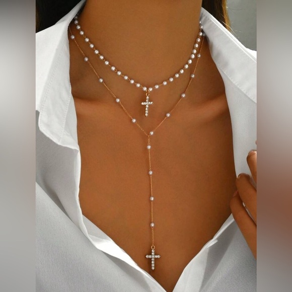 2 pc set handmade faux pearl/glass rhinestone cross pendant necklaces - Picture 2 of 5